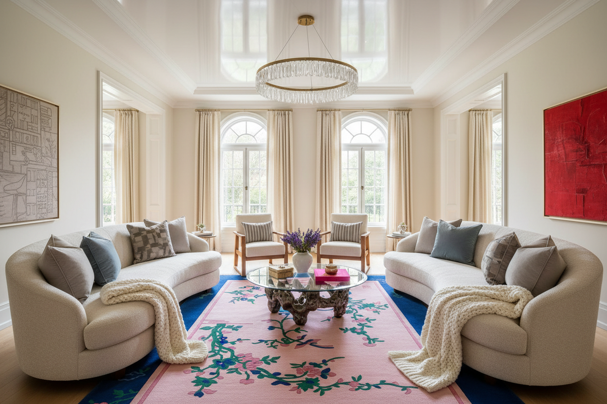 Living room with white sofas, a floral rug, and decorative elements.