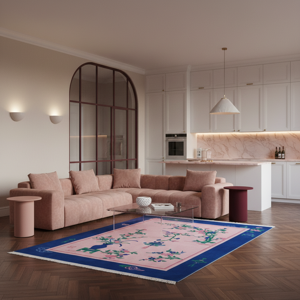 A pink area rug with a blue border and floral pattern is styled in a modern living room with a matching blush pink sectional sofa and a marble kitchen in the background.