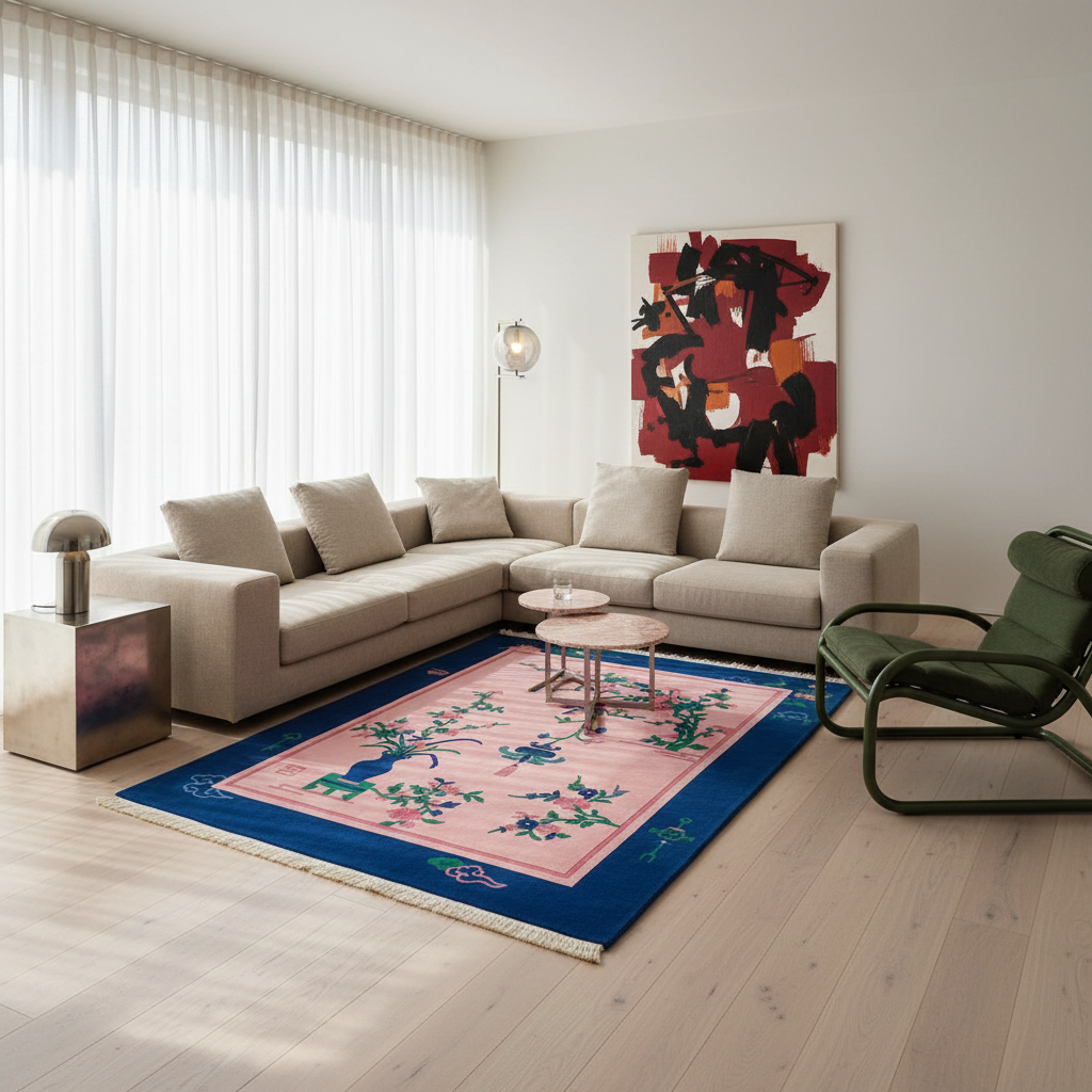 A styled living room featuring a large area rug with a pink center, blue border, and green floral motifs, placed under a beige sectional sofa on light wood flooring.