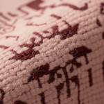 Close-up of a textured woven fabric with a dusty pink base and dark burgundy embroidered pattern.