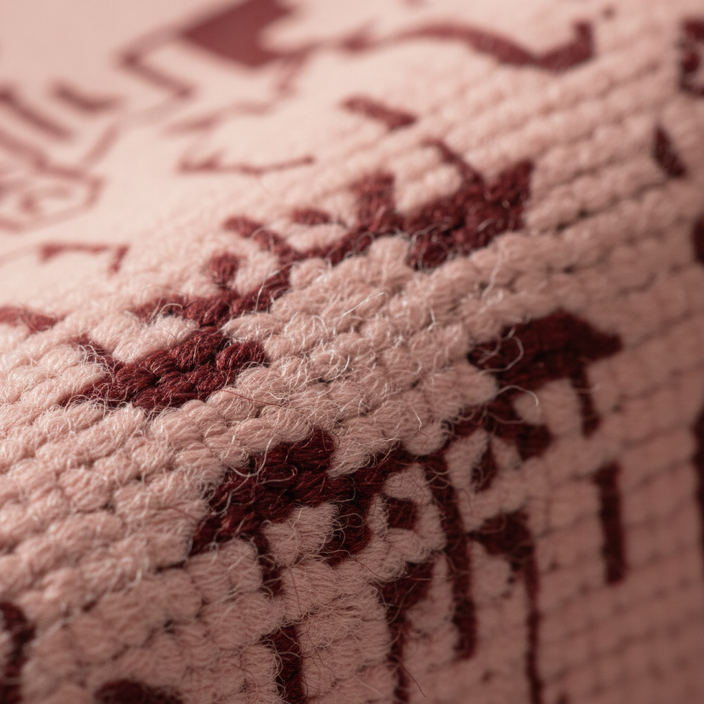 Close-up of a textured woven fabric with a dusty pink base and dark burgundy embroidered pattern.