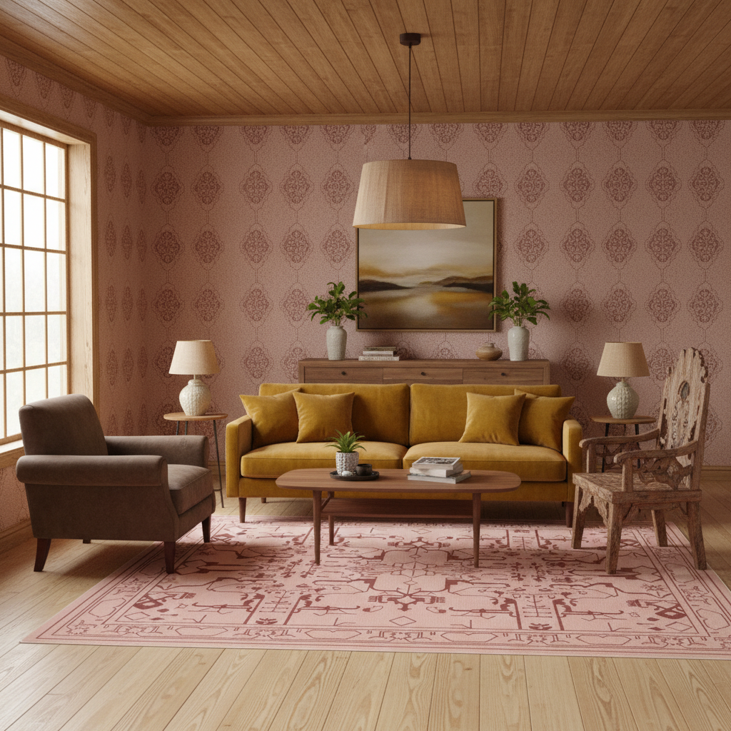 A styled living room scene featuring a mustard yellow three-seater sofa with matching throw pillows, set in a retro-inspired room with pink patterned wallpaper, a pink patterned area rug, a brown leather armchair, and a wooden chair.