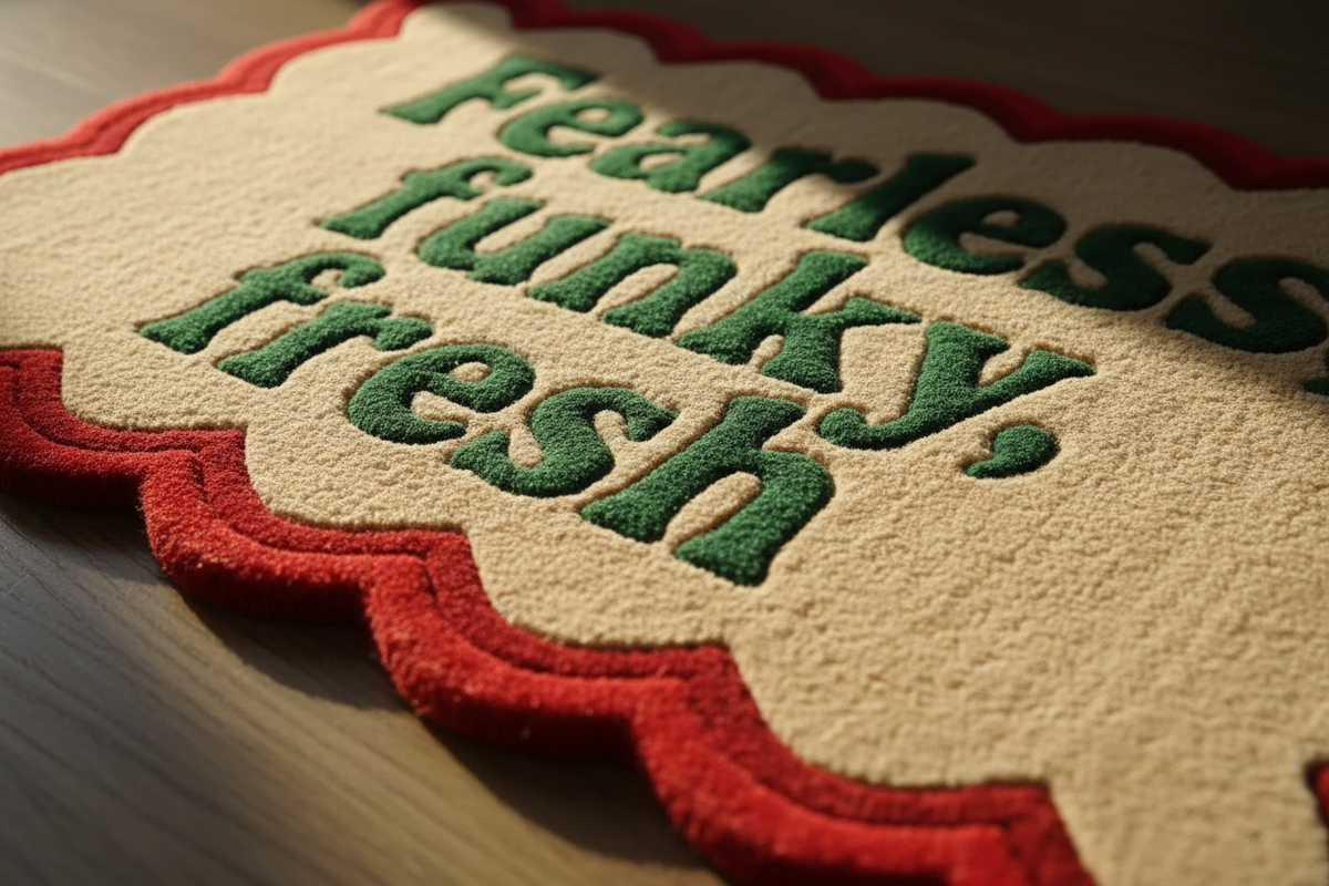 Decorative mat with 'fearless, funky, fresh' text on a textured surface