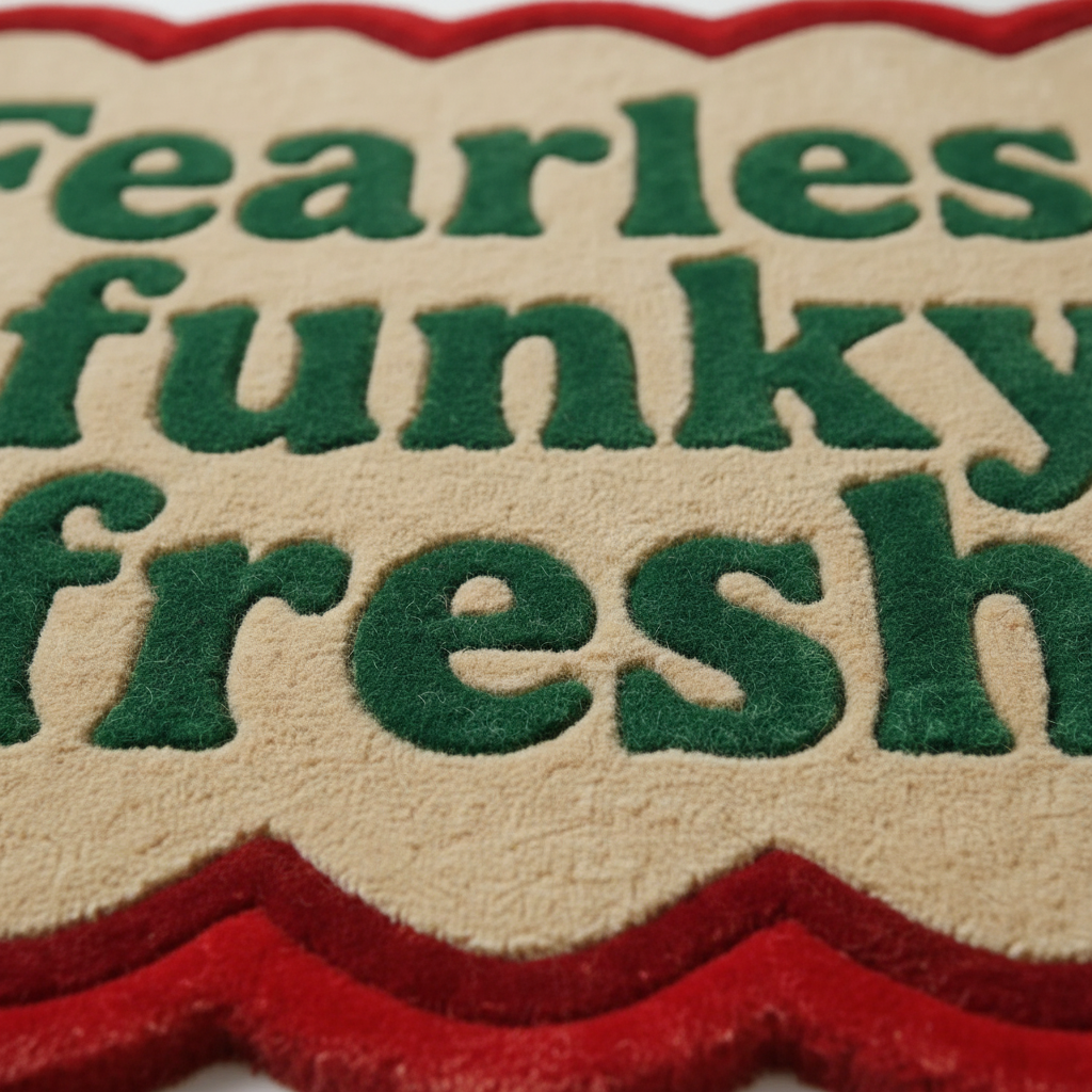 A close-up of a plush decorative sign or rug with the phrase "Fearless funky fresh" in green letters on a beige background, with a red scalloped border.