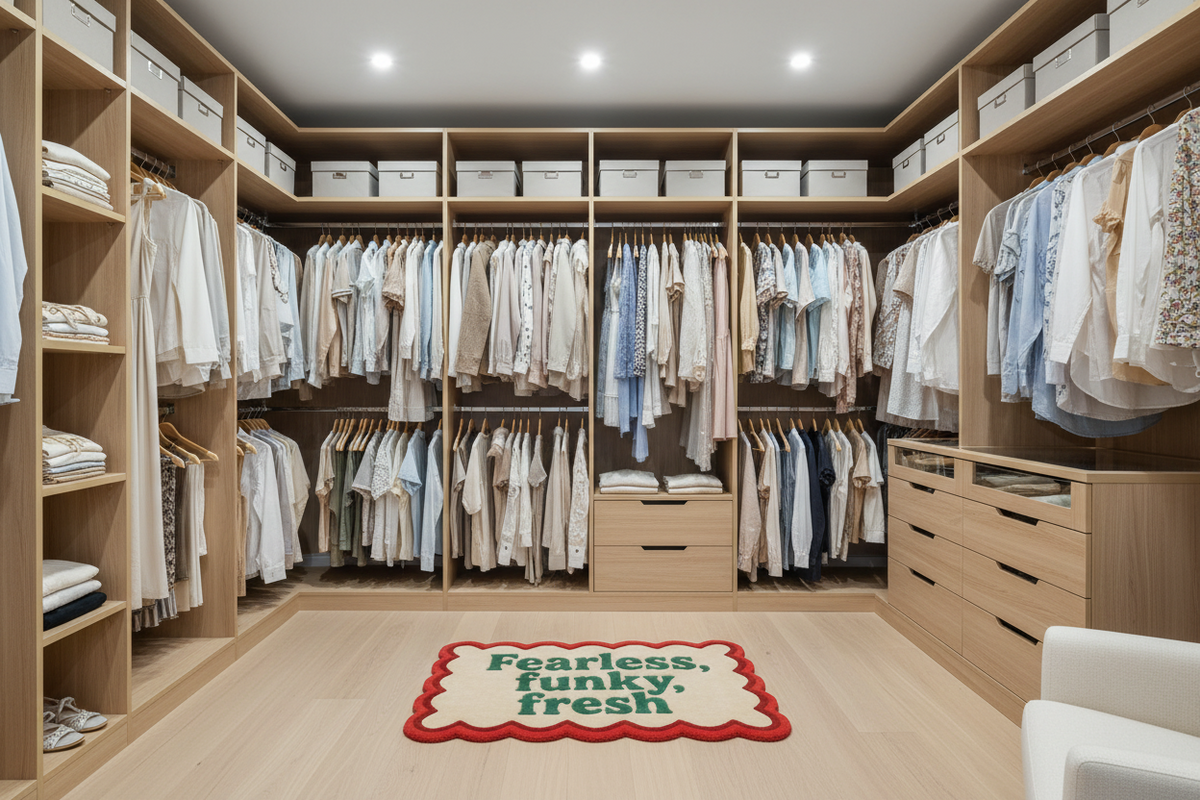 A bright, modern walk-in closet with light wood shelving and racks filled with folded and hanging clothes. A red and cream rug on the floor reads 'Fearless, funky, fresh'.