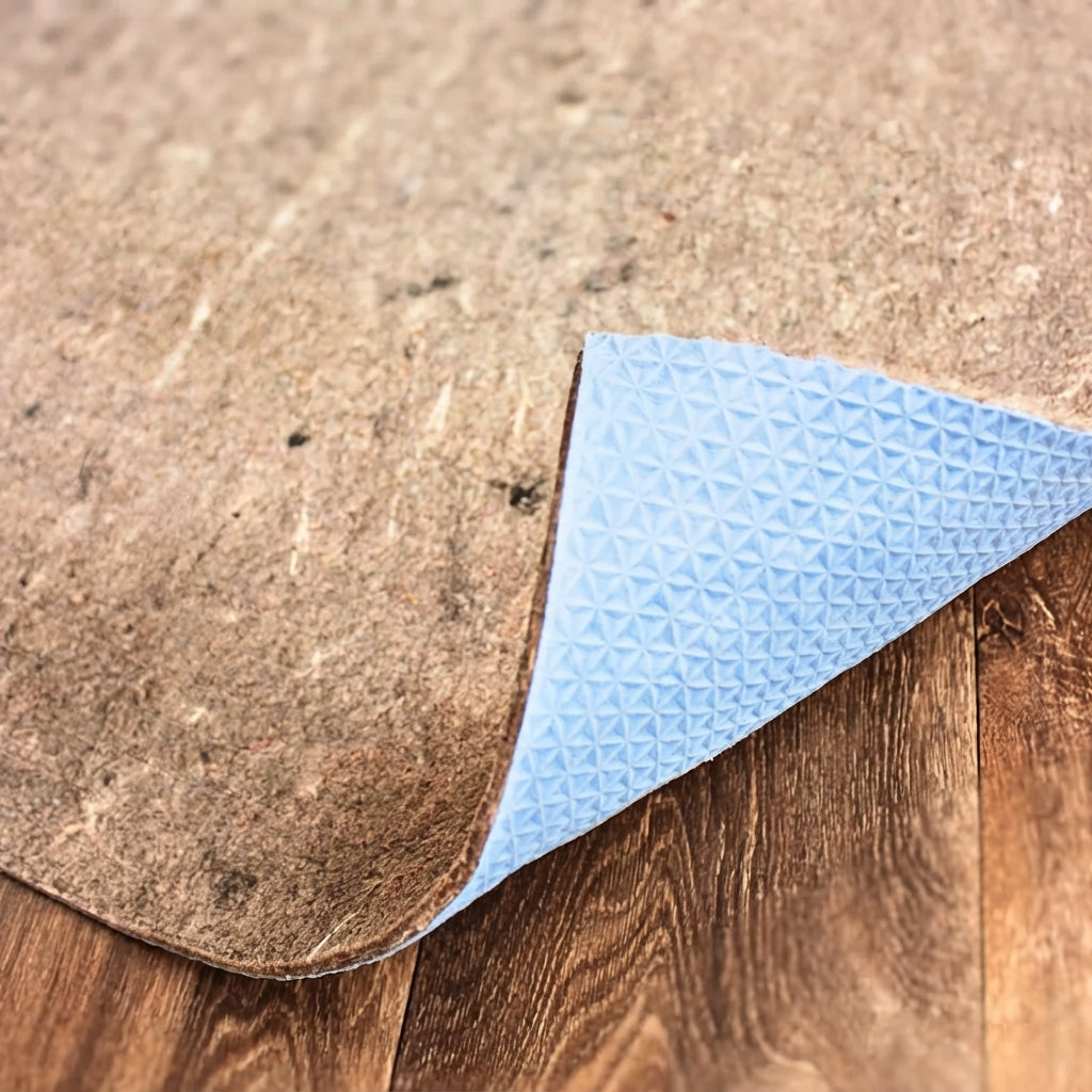 A close-up of a brown textured mat or rug with a corner peeled back to reveal a light blue textured underside, placed on a dark wood floor.