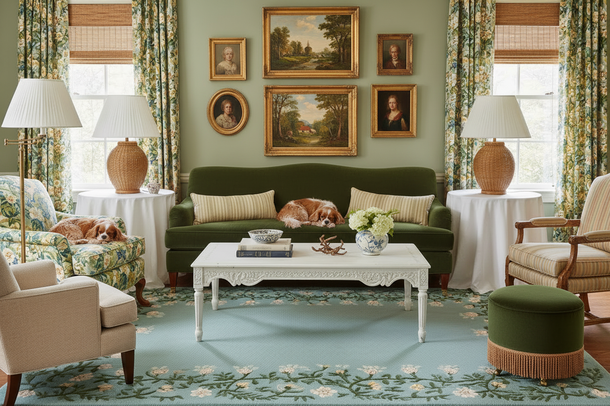 Living room with green sofa, floral blue rug, and decorative wall art.