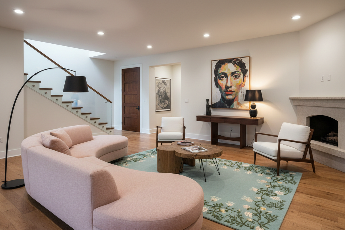 A modern living room featuring a curved blush pink sofa, a light blue floral area rug, a black floor lamp, and a large portrait painting on the wall above a console table.