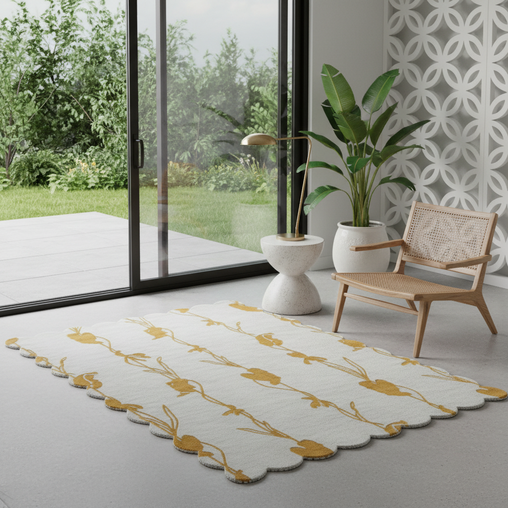 A rectangular area rug with a scalloped edge, featuring a mustard yellow floral pattern on a white background, styled in a modern room with a wooden chair, potted plant, and large glass doors.
