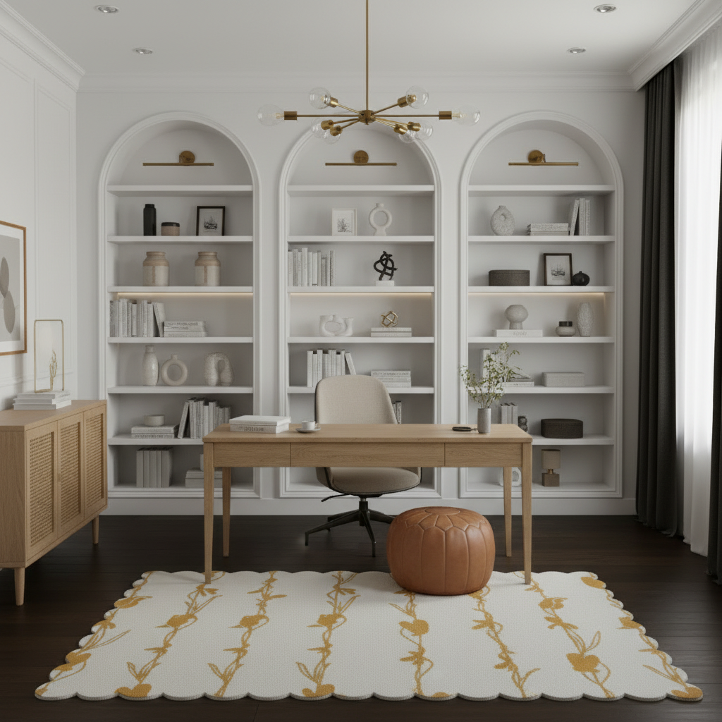 A styled home office interior featuring a light wood desk, a beige office chair, a brown leather pouf, and a cream rug with a gold vine pattern. The room is decorated with white built-in shelves containing books and decorative objects, under a modern multi-arm chandelier.