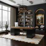 Modern office interior with a large desk, bookshelf,  scallop floral rug, and decorative elements.