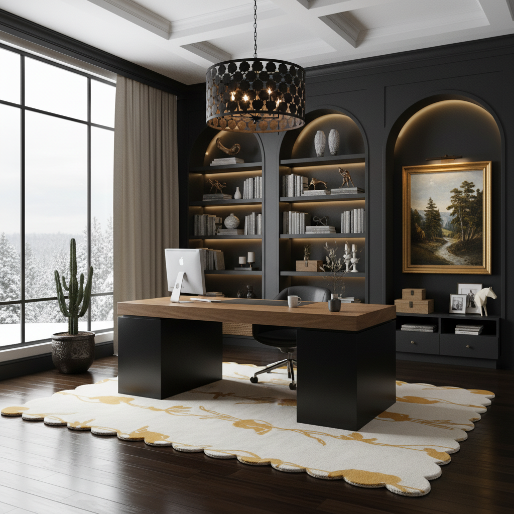 Modern office interior with a large desk, bookshelf,  scallop floral rug, and decorative elements.
