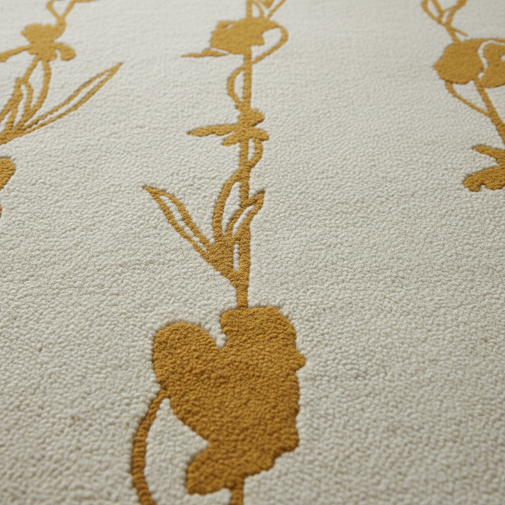 Close-up of a textured rug with a warm cream background and mustard yellow floral motifs.