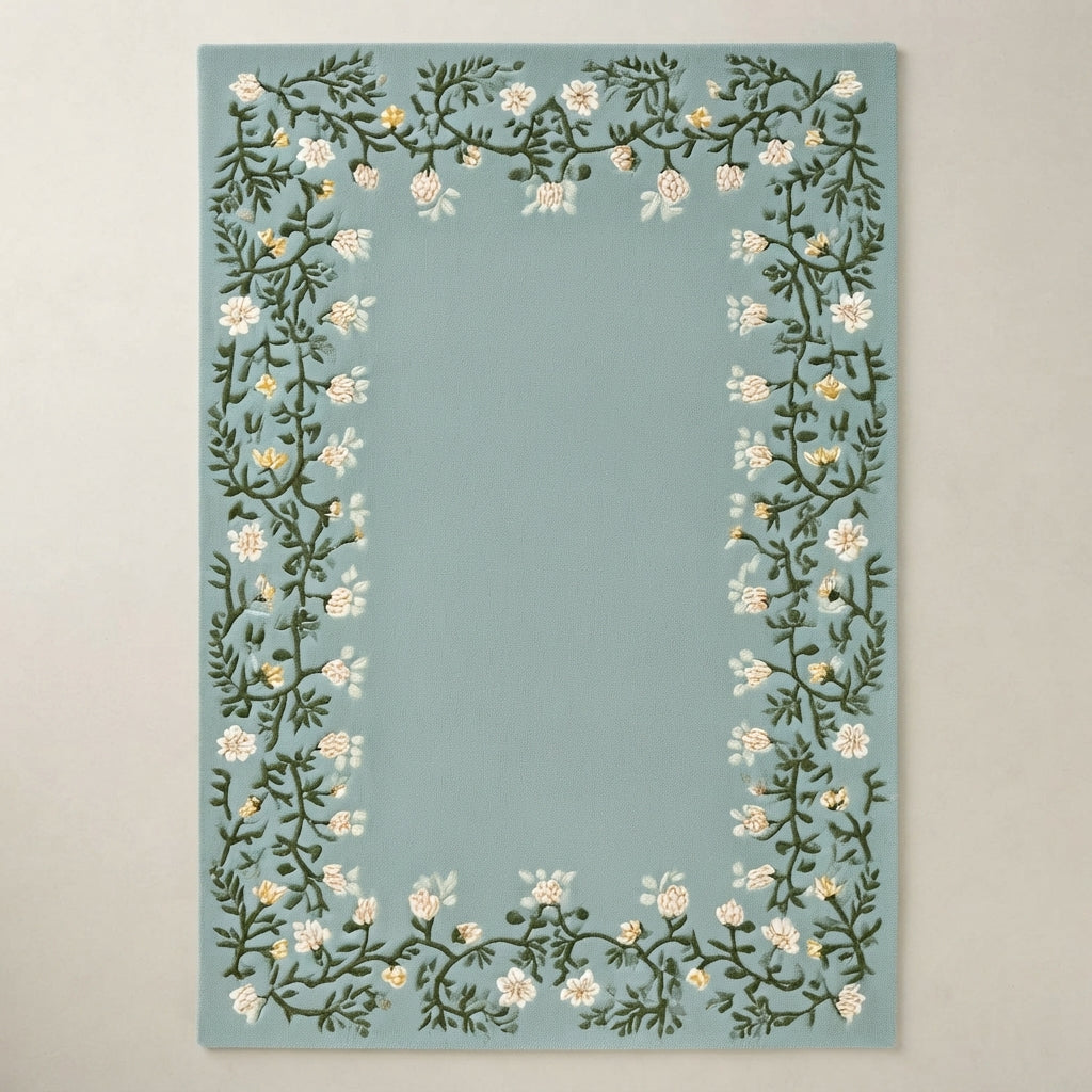 A rectangular light blue rug with a decorative border of white flowers and green leaves, shown flat against a neutral beige background.