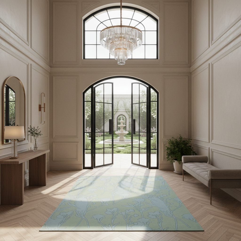A large rectangular area rug with a light sage green background and a pale blue floral pattern, styled in a grand, elegant hall with herringbone wood floors, a chandelier, and arched glass doors leading to a garden courtyard.