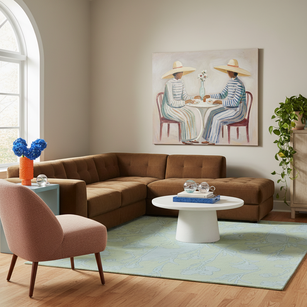 A styled living room featuring a large square canvas print of two people in straw hats sitting at a table, displayed on a beige wall above a brown sectional sofa. The room includes a light pink armchair, a white coffee table, a light green patterned rug, and a potted plant.