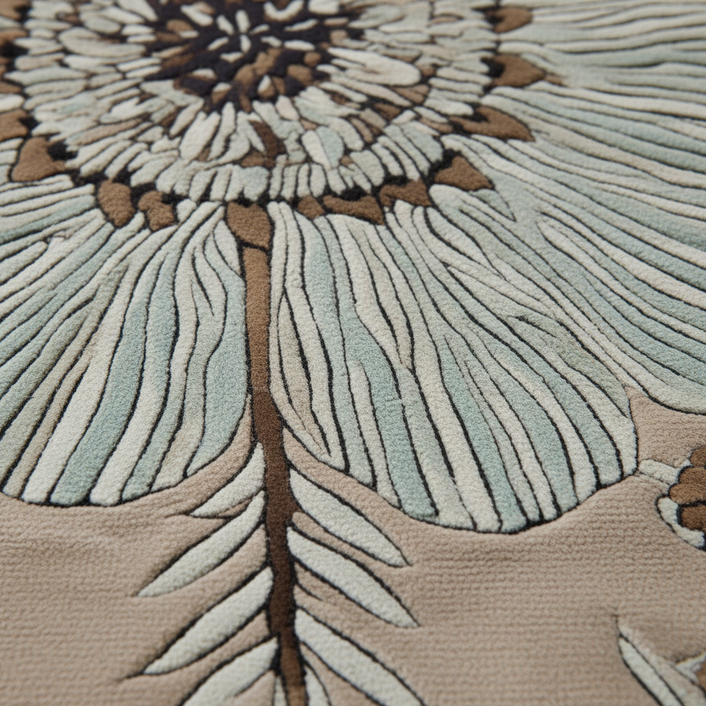 Close-up of a textured woven rug featuring a large floral or sunburst pattern in beige, light blue, and brown.