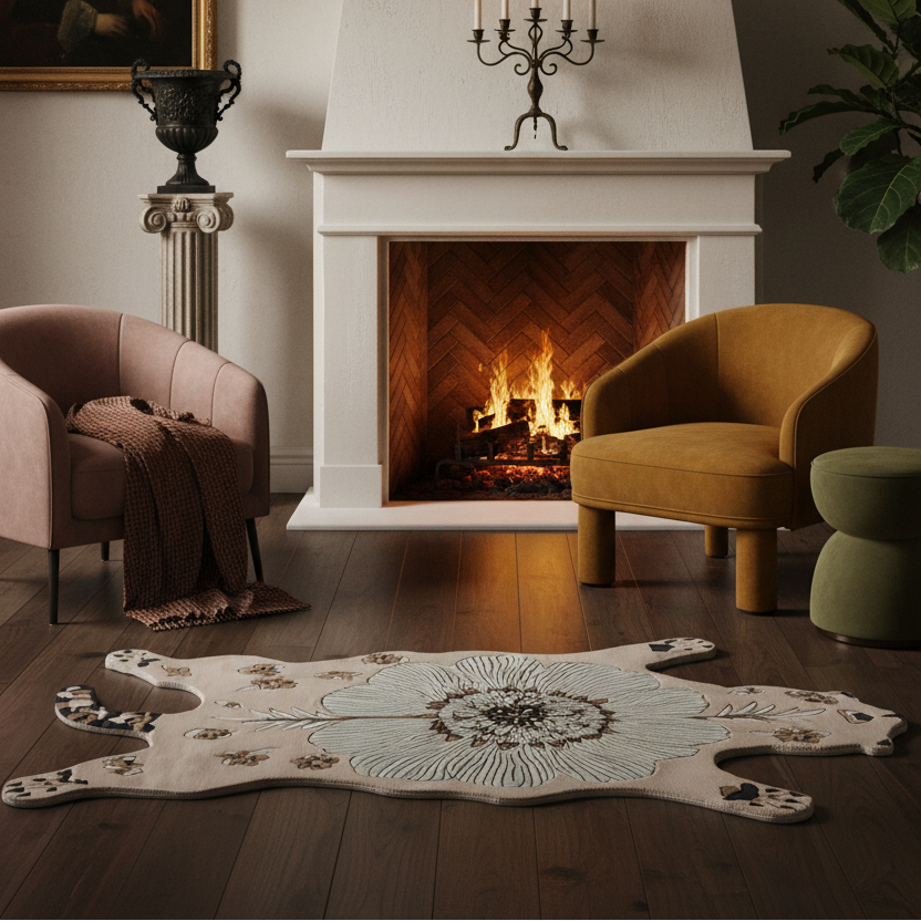 A large animal-hide style rug with a floral medallion pattern in beige, cream, and brown tones, styled on a dark wood floor in a cozy living room setting with a fireplace, armchairs, and a green side table.