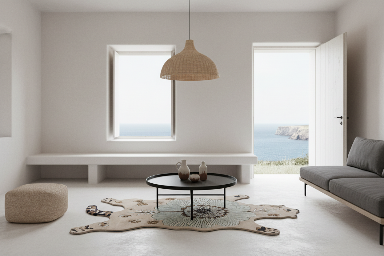 A modern minimalist living room with a gray sofa, a black round coffee table, a beige woven pendant light, and a patterned animal-print rug. Large windows and an open white door offer a scenic view of the blue ocean and rocky coastline.