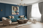 A styled modern living room featuring a teal tufted sofa, a beige armchair, a geometric coffee table, and a large colorful portrait painting on a dark blue paneled wall.