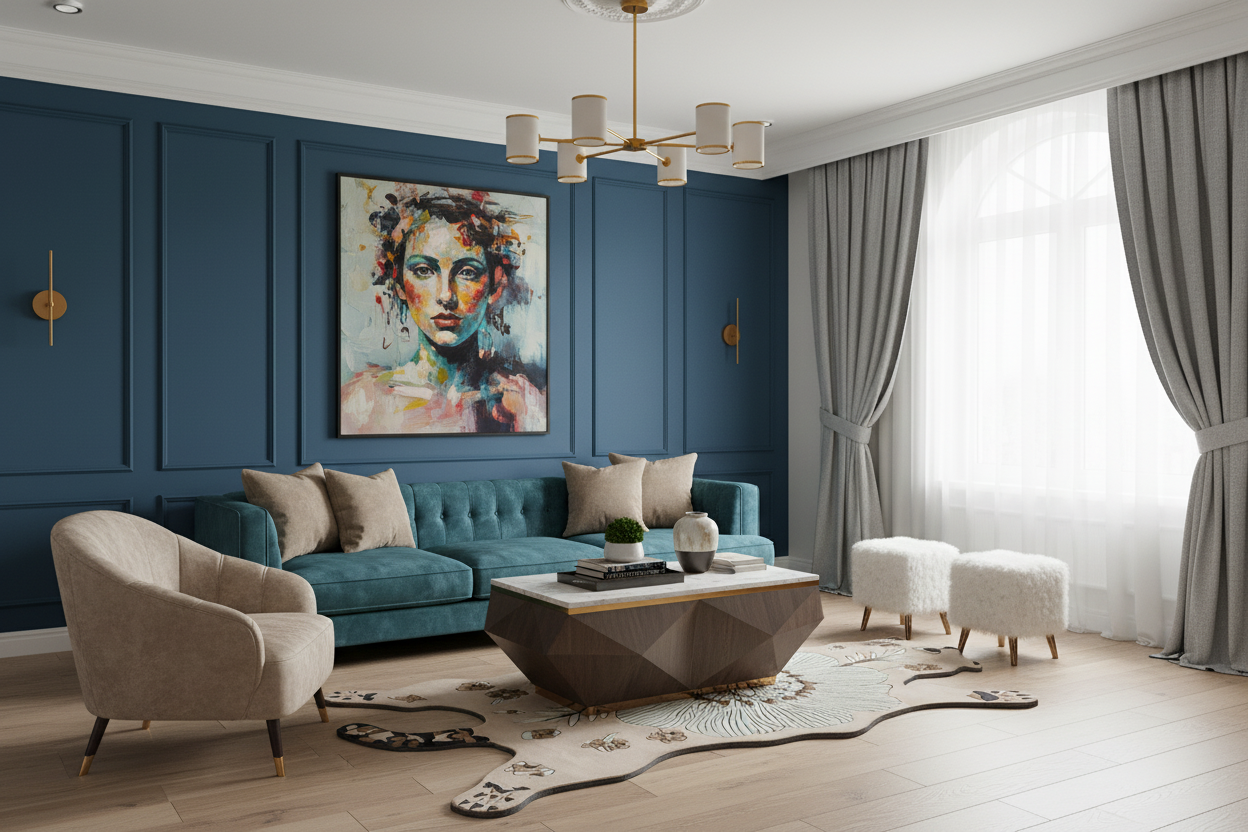 A styled modern living room featuring a teal tufted sofa, a beige armchair, a geometric coffee table, and a large colorful portrait painting on a dark blue paneled wall.