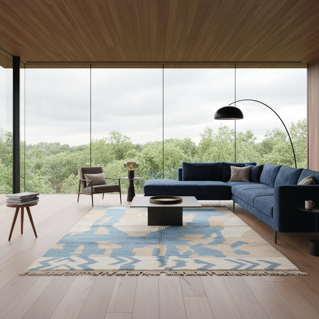 A modern living room with a large blue sectional sofa, matching blue accent chair, patterned blue and beige rug, black floor lamp, and a large wood ceiling and floor overlooking a forest view.