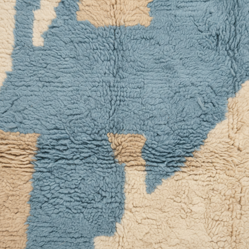 Close-up of a textured sherpa or fleece rug with an abstract geometric pattern in dusty blue and warm beige.