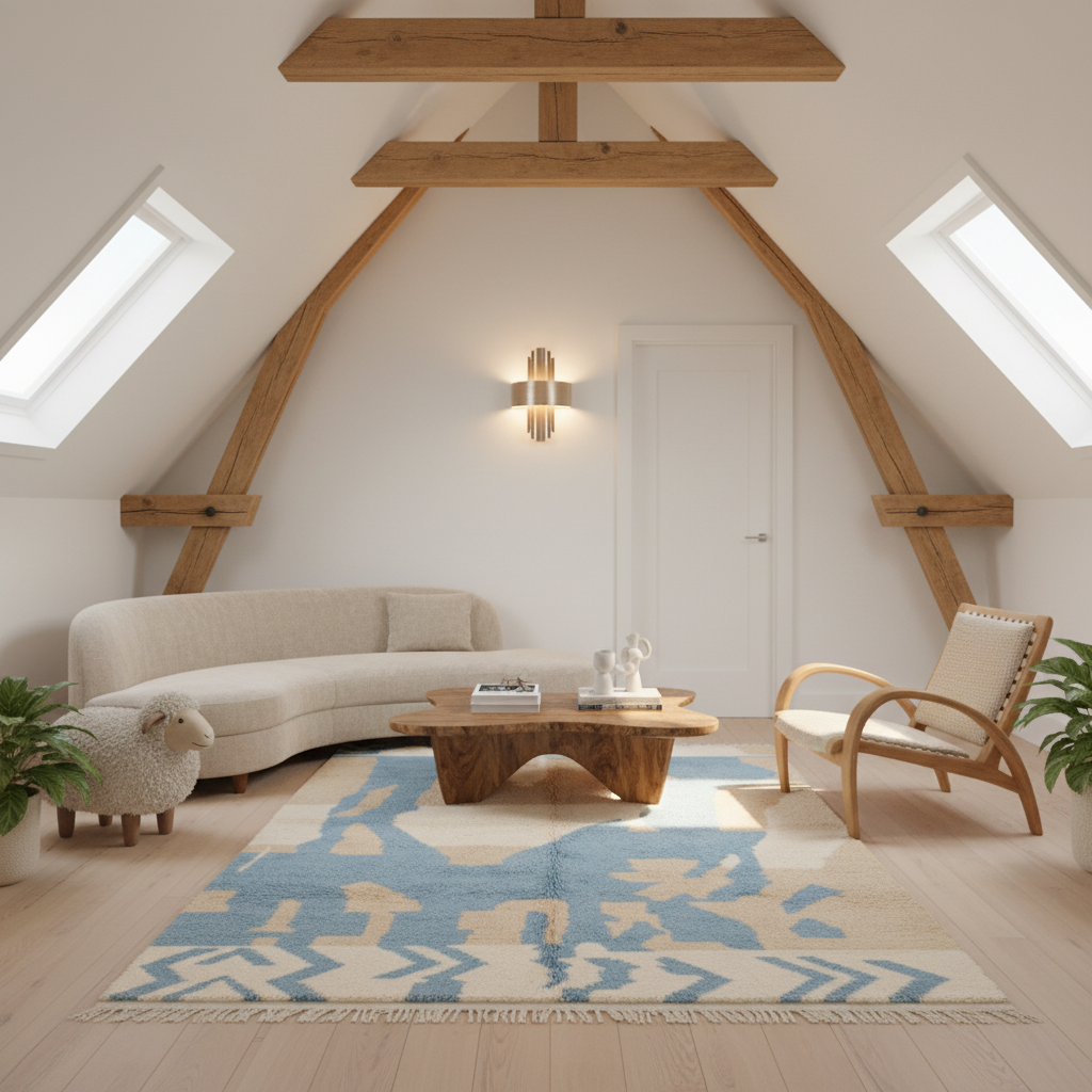 A styled attic living room with a curved cream sofa, a wooden lounge chair, a blue and cream patterned area rug, and exposed wooden beams on a white wall.