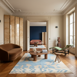 Modern living room with a brown sofa, wooden coffee table, and decorative blue shaggy rug.