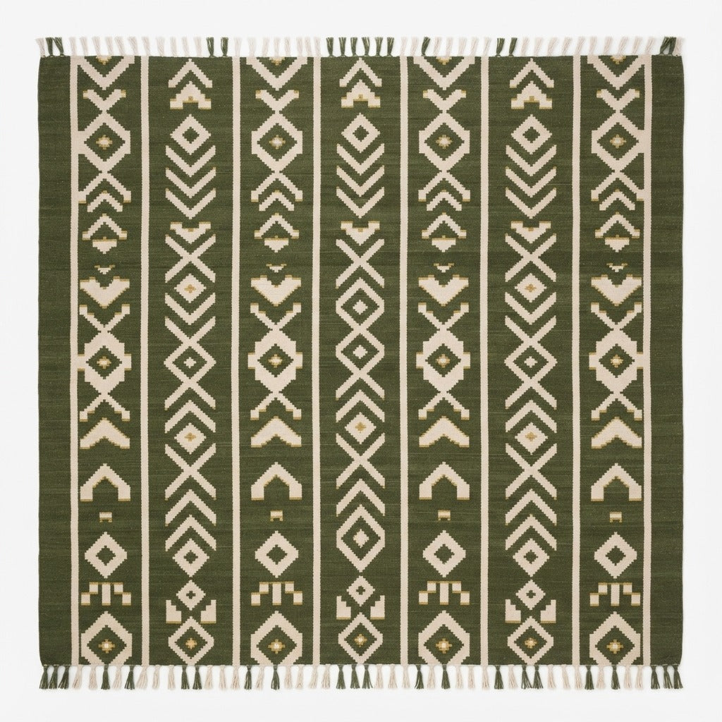 Forest Arrow Procession Flatweave Cotton Dhurrie Rug - studio photo
