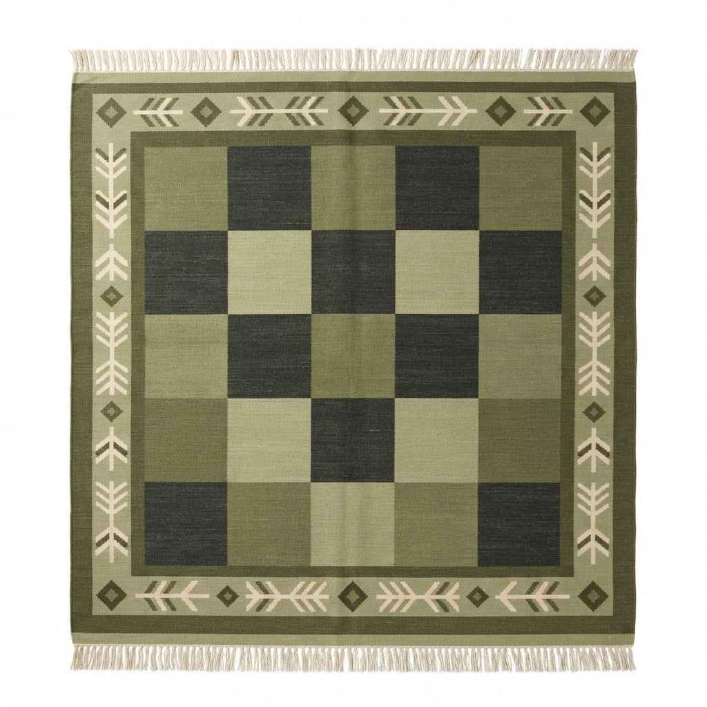 Forest Checkerboard Arrow Flatweave Cotton Dhurrie Rug - studio photo