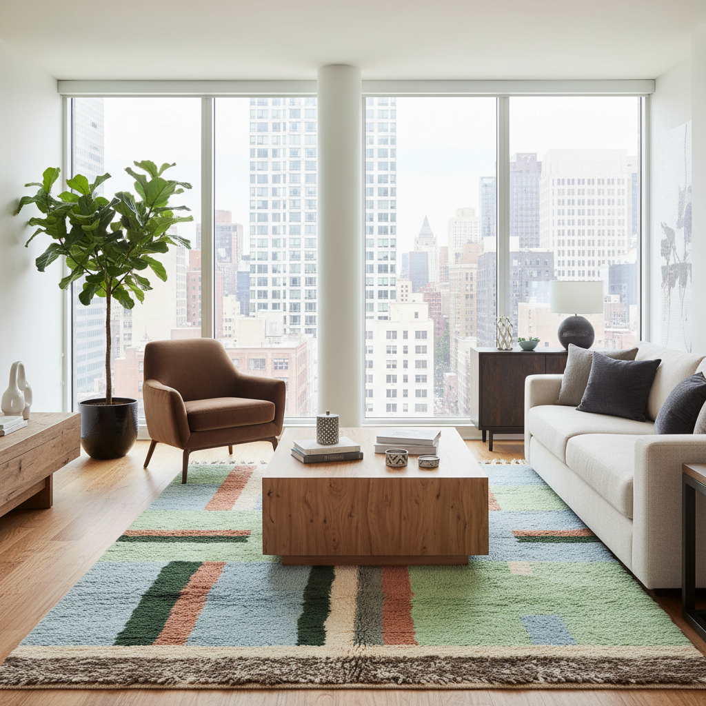 A modern living room with a large colorful striped area rug, a light wood coffee table, a white sofa, a brown armchair, and a potted fiddle-leaf fig plant, all set against a city skyline backdrop.