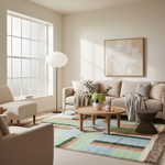 A bright, modern living room with a beige sofa, striped multicolor area rug, round wooden coffee table, and a large abstract painting on the wall.
