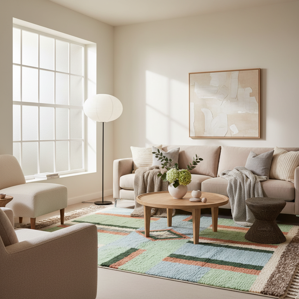 A bright, modern living room with a beige sofa, striped multicolor area rug, round wooden coffee table, and a large abstract painting on the wall.