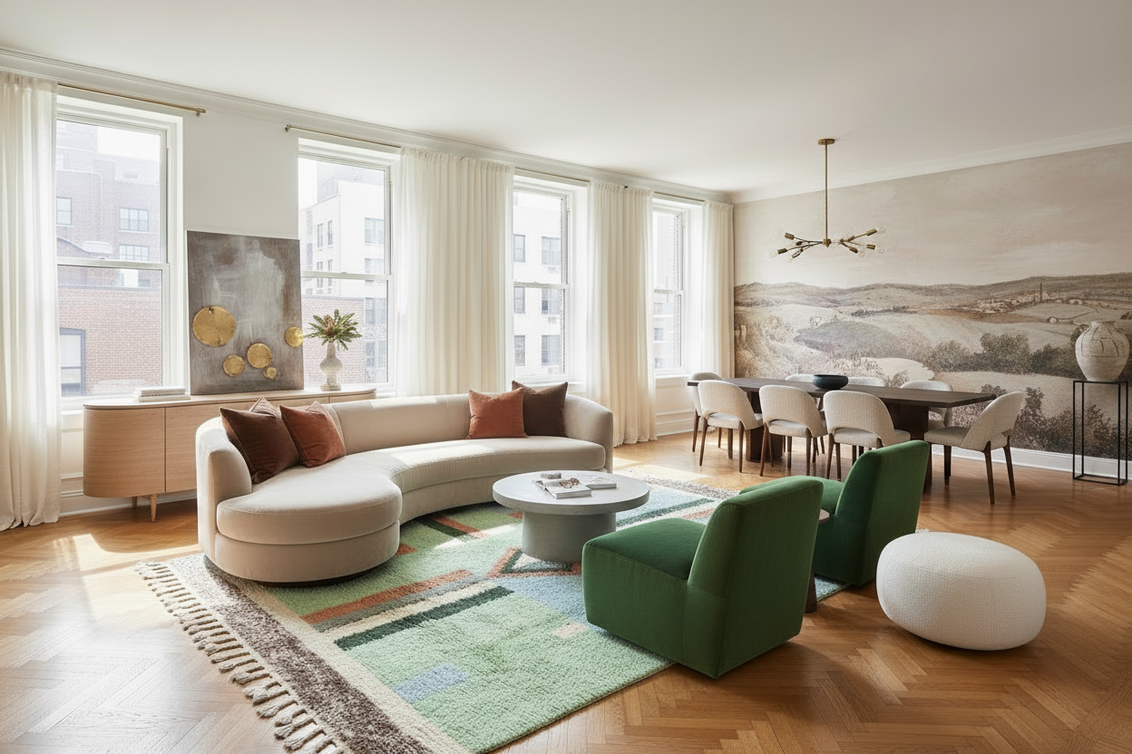 Modern living room with a sectional sofa, chairs, green shaggy rug, and a dining area.
