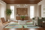 Modern living room with a green RUG sofa, white chairs, and a wooden floor.