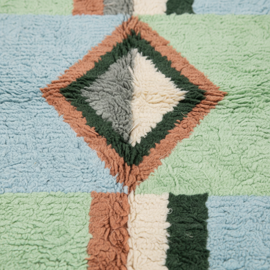A close-up of a textured, shaggy blanket or rug featuring a geometric diamond pattern in light blue, mint green, dusty terracotta, dark green, and cream.