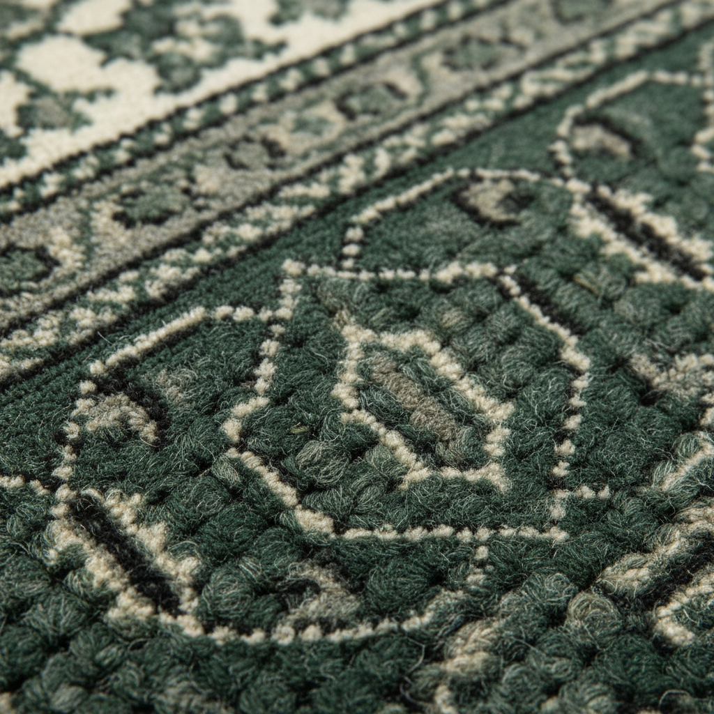 Close-up of a textured area rug with a traditional geometric pattern in dark forest green and cream.