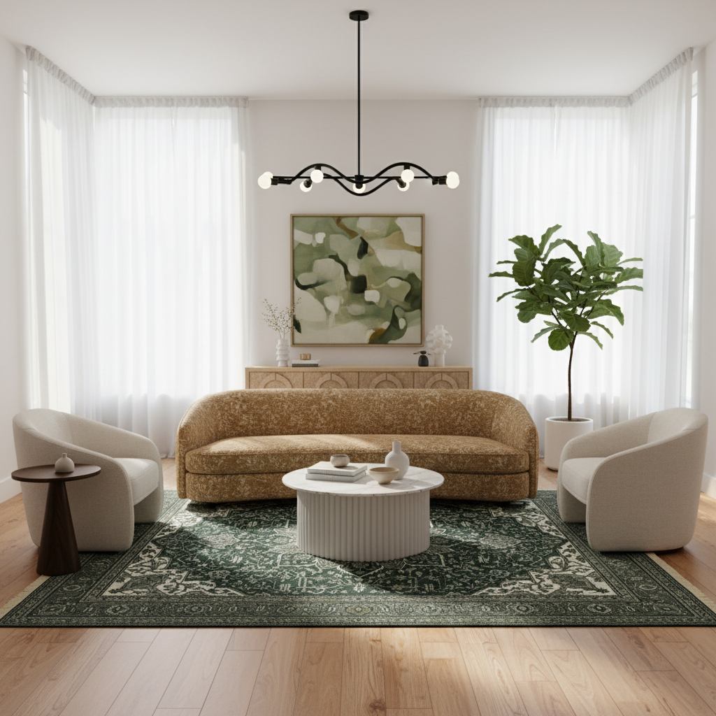 A styled living room featuring a central patterned beige sofa, two cream armchairs, a white ribbed coffee table, a green patterned area rug, and a large potted fiddle-leaf fig plant. The room is decorated with white sheer curtains, a black multi-arm chandelier, and a framed abstract painting on the wall.
