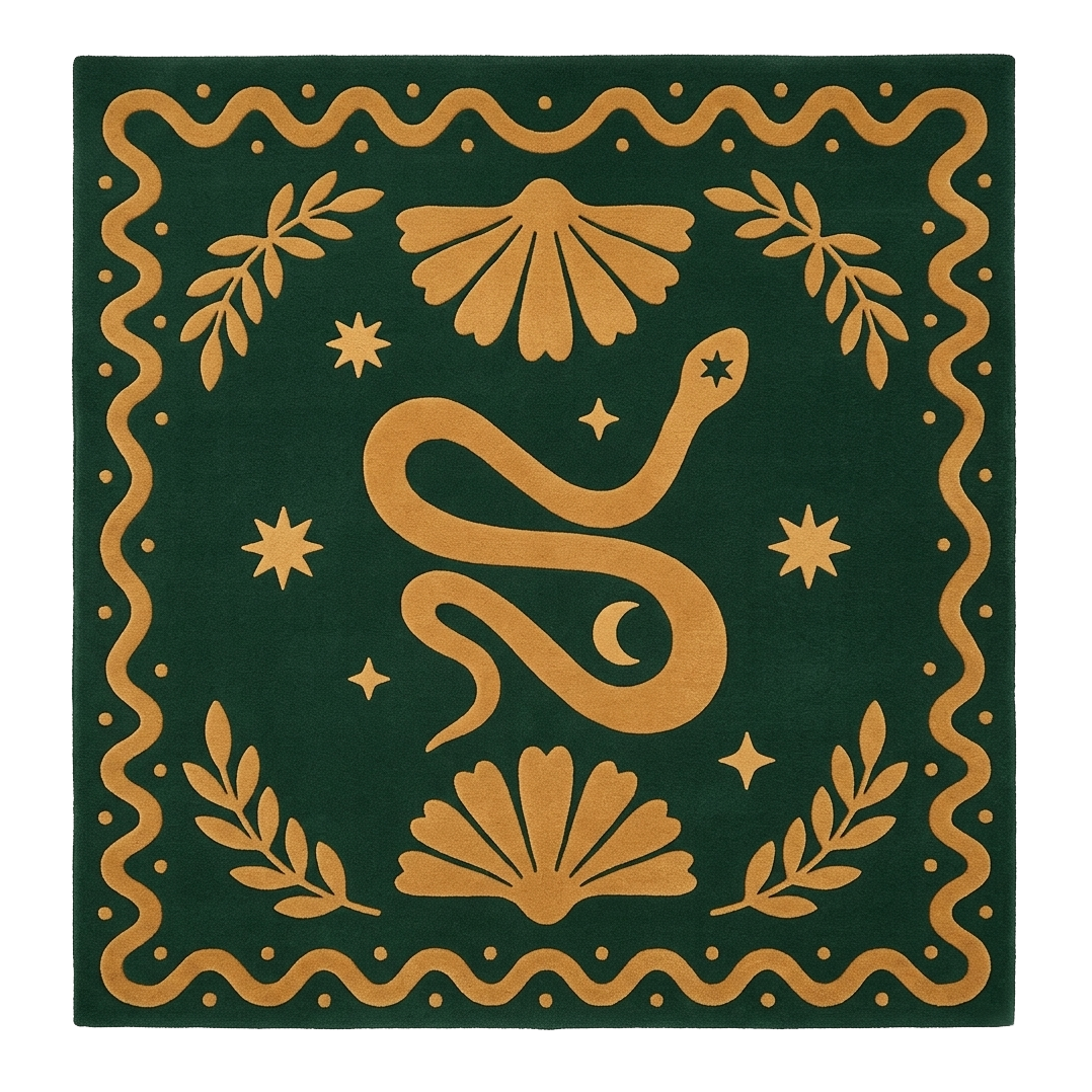 Decorative rug with a snake design on a green background
