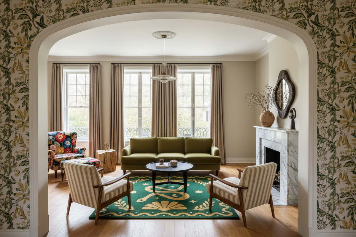 Decorative rug with a snake design on a green background