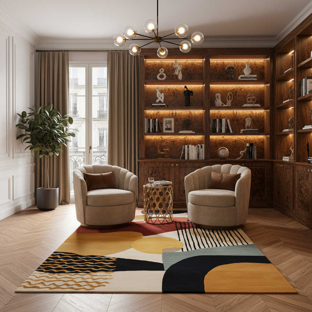 Modern living room with bookshelf, chairs, and patterned rug