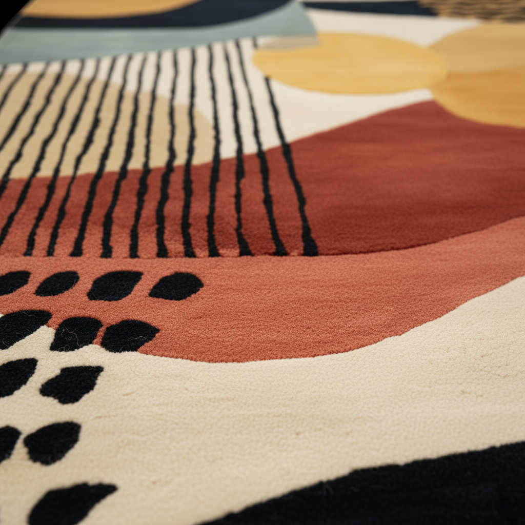 Close-up of a modern abstract area rug with organic shapes in terracotta, cream, mustard yellow, black, and muted blue, showing the plush pile texture.