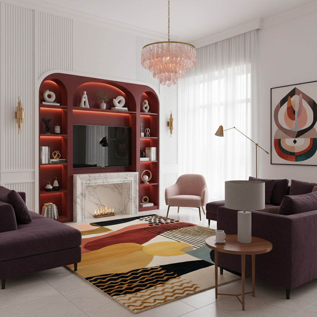 A modern living room interior featuring a large abstract art print on the wall, styled in a bright, contemporary room with a red fireplace, purple sofas, and a colorful geometric area rug.