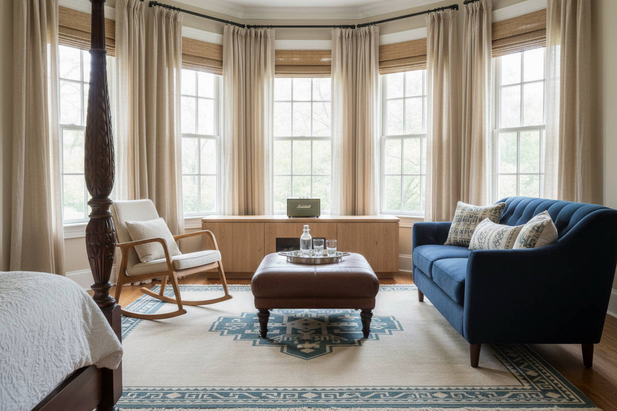 Living room with blue sofa, square blue rug, wooden armchair, and ottoman in front of large windows.