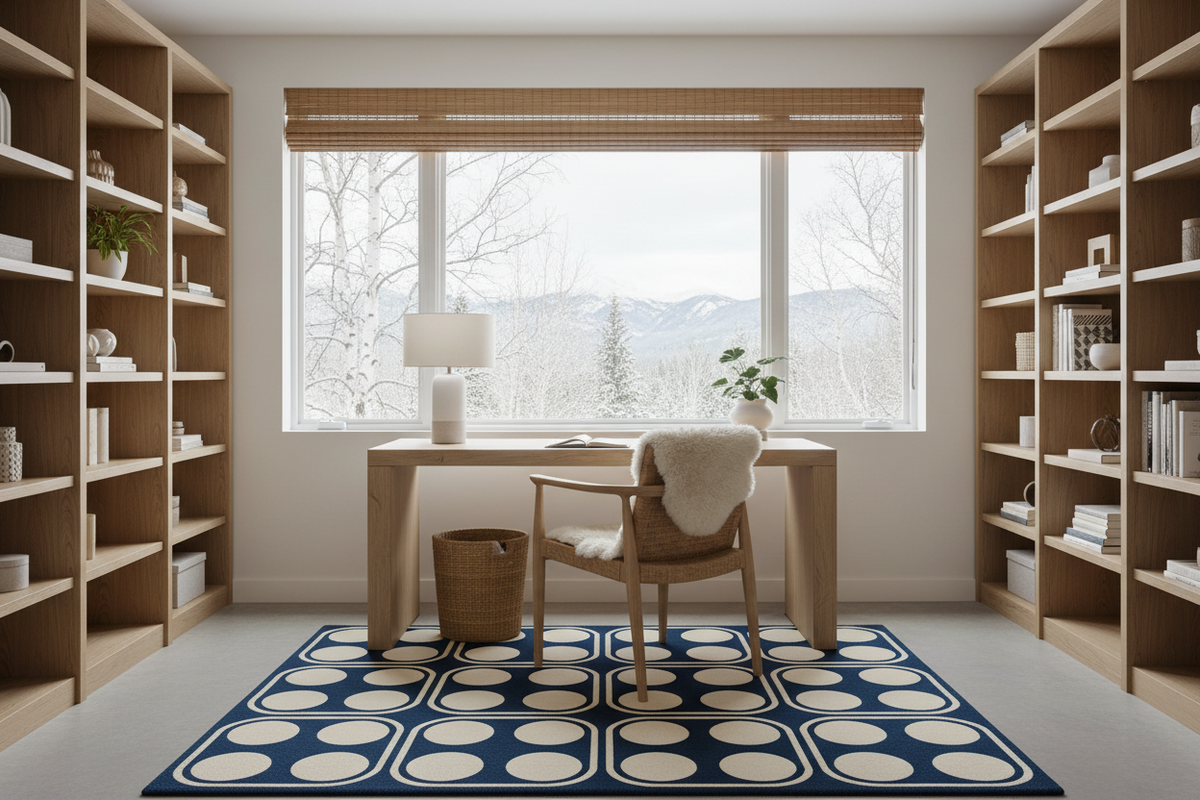 Modern home office with wooden bookshelves, a desk, dice blue rug, and a large window.