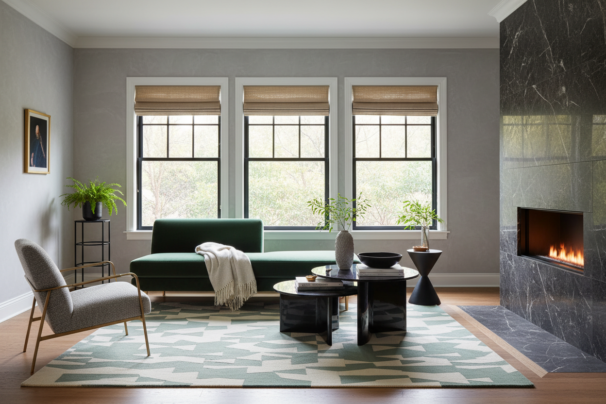 Modern living room with a green sofa, gray chair, and fireplace.