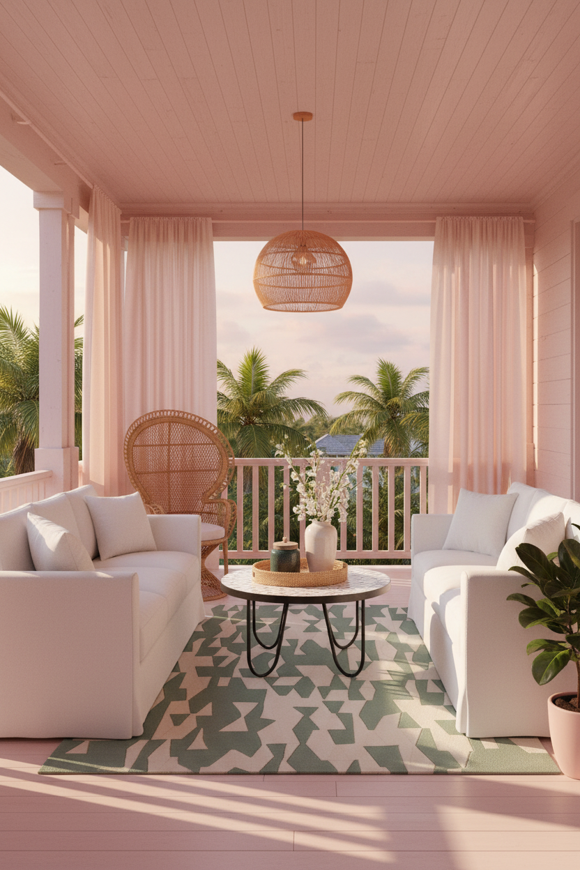 Outdoor patio with white furniture, a coffee table, and palm trees in the background.