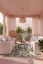Outdoor patio with white furniture, a coffee table, and palm trees in the background.