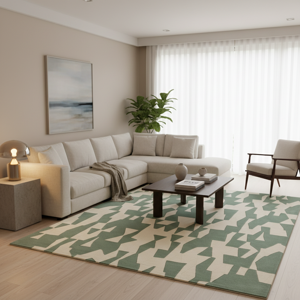 A modern living room featuring a large geometric area rug in sage green and cream, styled with a light beige sectional sofa, a dark wood coffee table, and a potted plant.